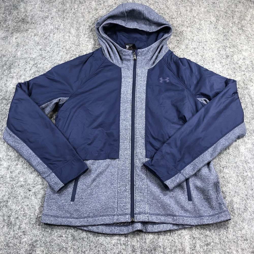 Under Armour Jacket Womens L Blue Gray ColdGear Hooded Fleece Full Zip Windbreak